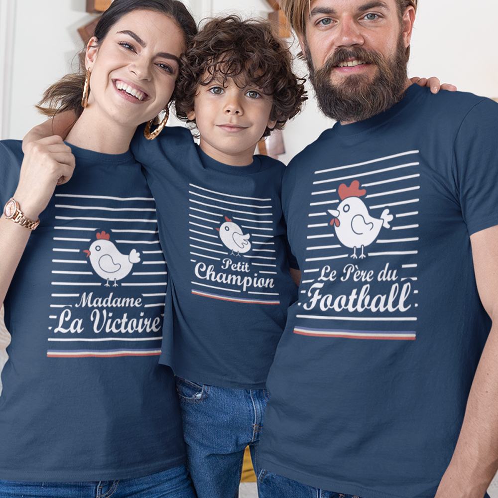 Le Père Du Football, Madame La Victoire, Petit Champion Dad Mom and Kid Matching Organic Cotton T-Shirts Family Set (Set of 3)