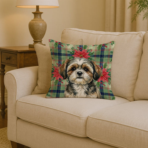Brindle Shih Tzu Christmas PoinsettIas Throw Pillow