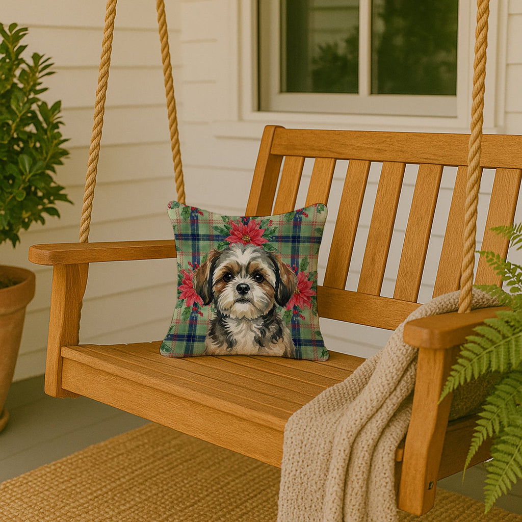 Brindle Shih Tzu Christmas PoinsettIas Throw Pillow